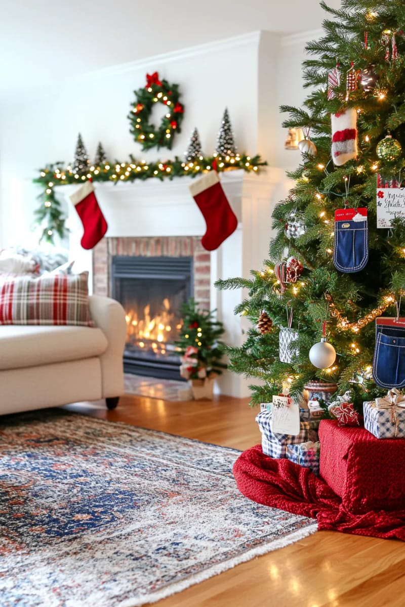 christmas card holders created from jean pockets and ribbon 1