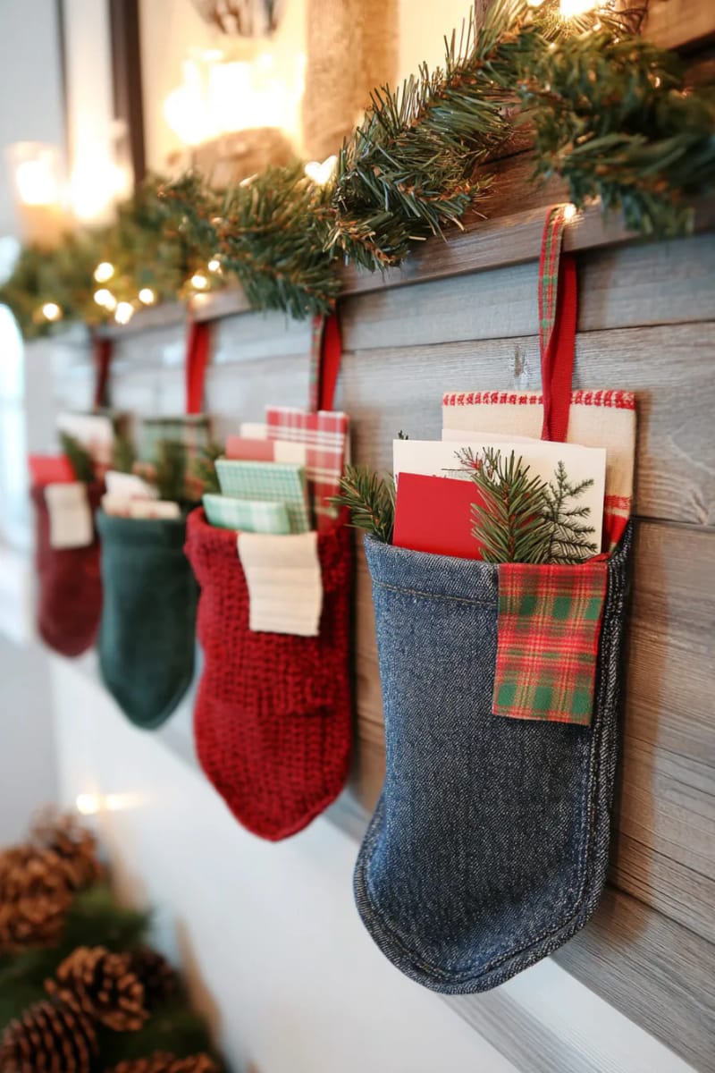 christmas card holders created from jean pockets and ribbon 1