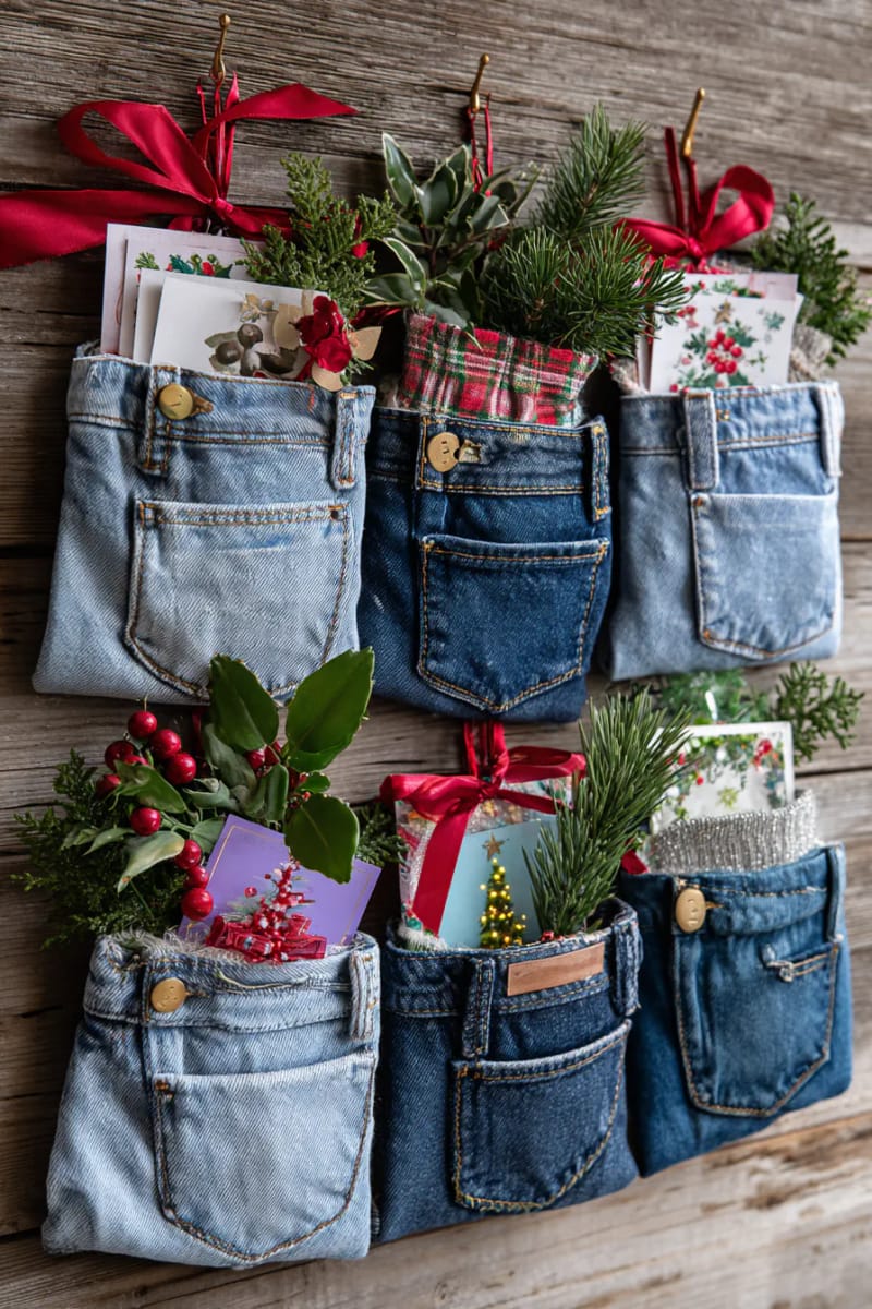 christmas card holders created from jean pockets and ribbon 1