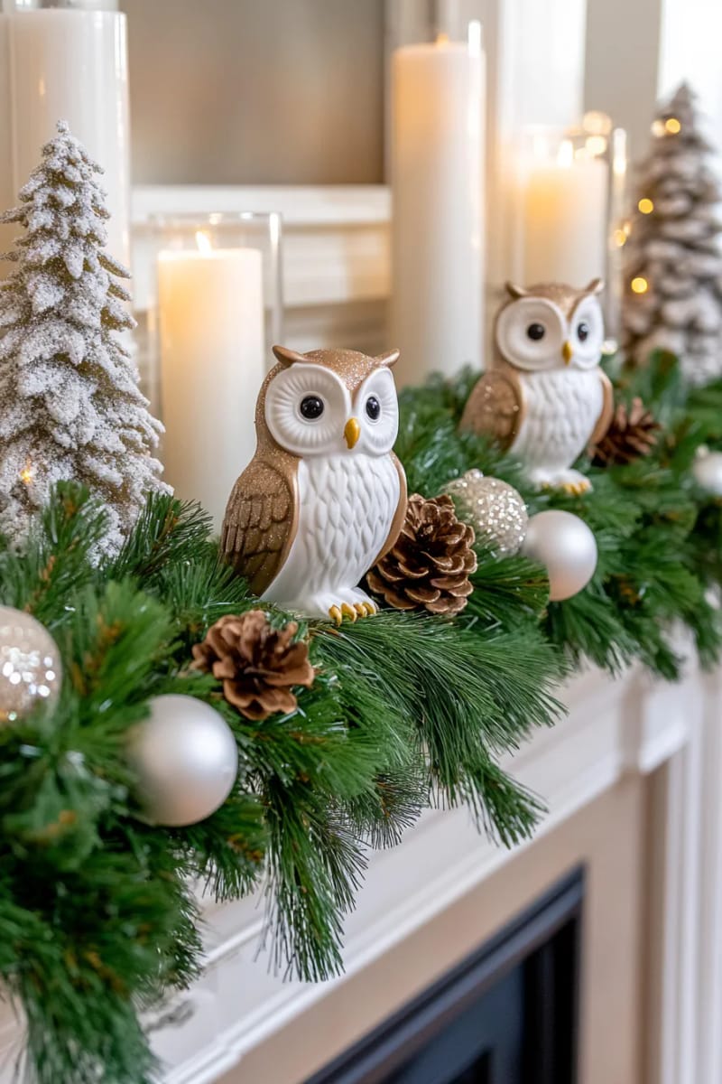 christmas mantel decorated with snowy owls and flocked greenery 1