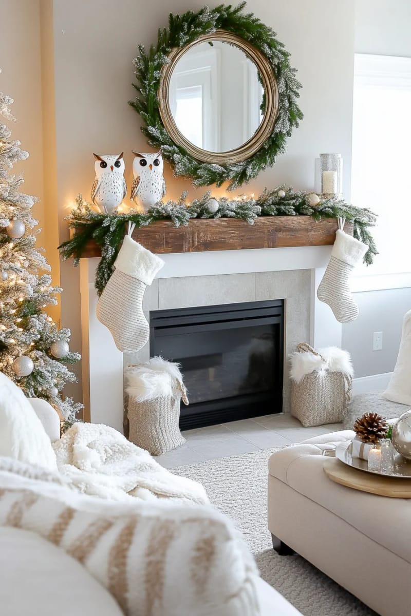 christmas mantel decorated with snowy owls and flocked greenery 1