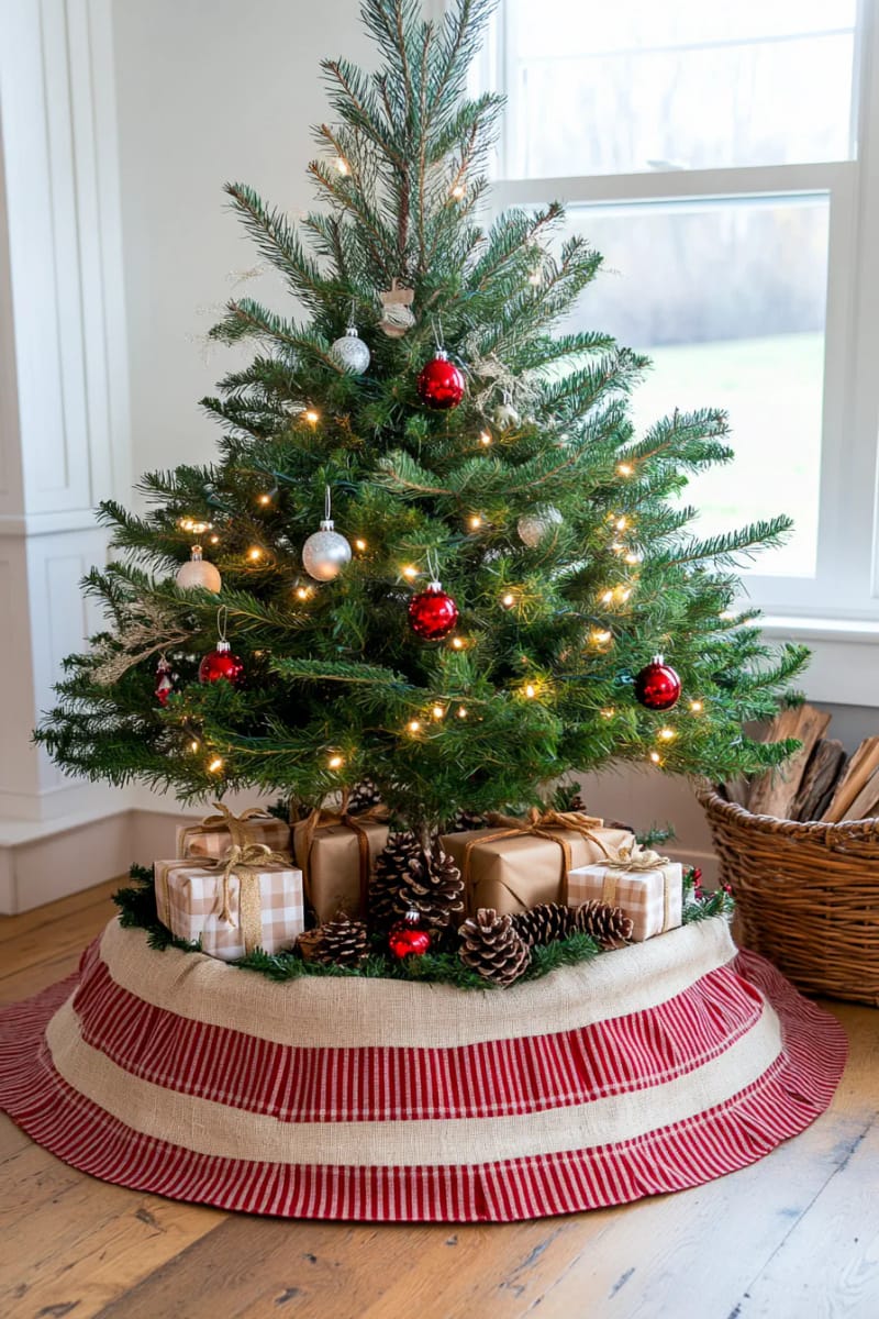 27 Rustic Christmas Decoration Ideas For Your Farmhouse 140 christmas tree skirt made from burlap and ticking stripe 1