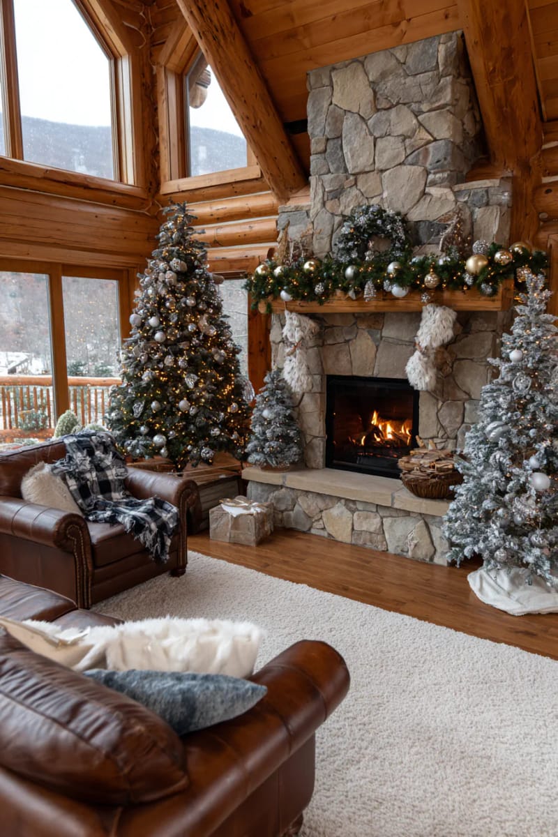 christmas tree trio flanking the fireplace, each decorated in a unique theme 1