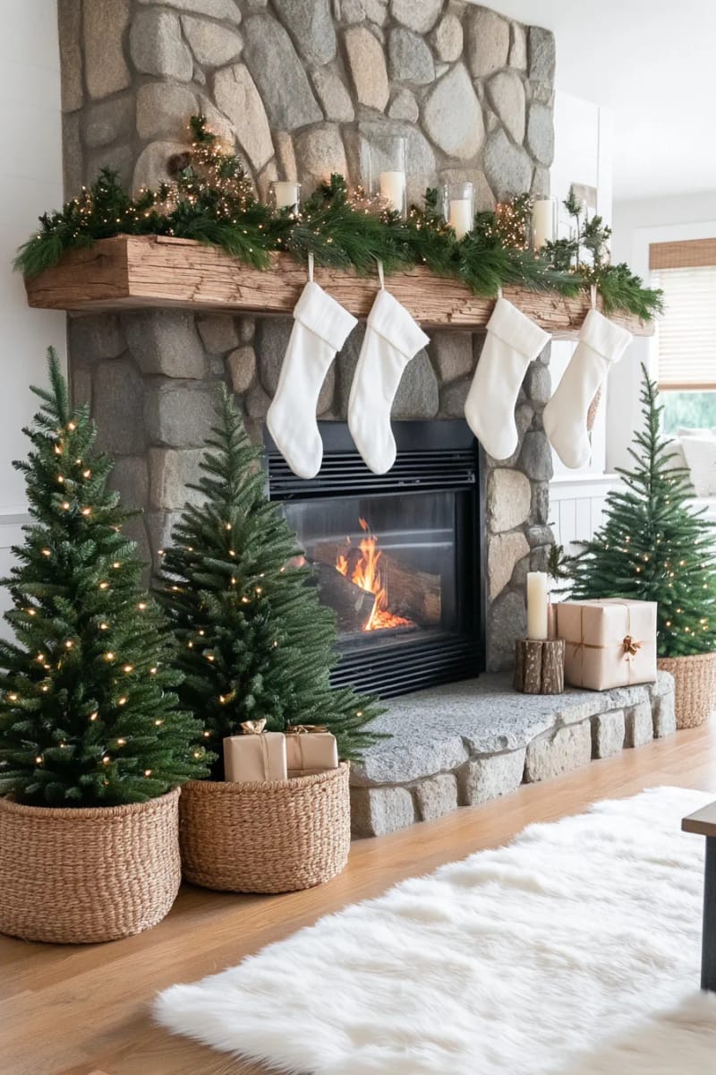 christmas tree trio flanking the fireplace, each decorated in a unique theme 1