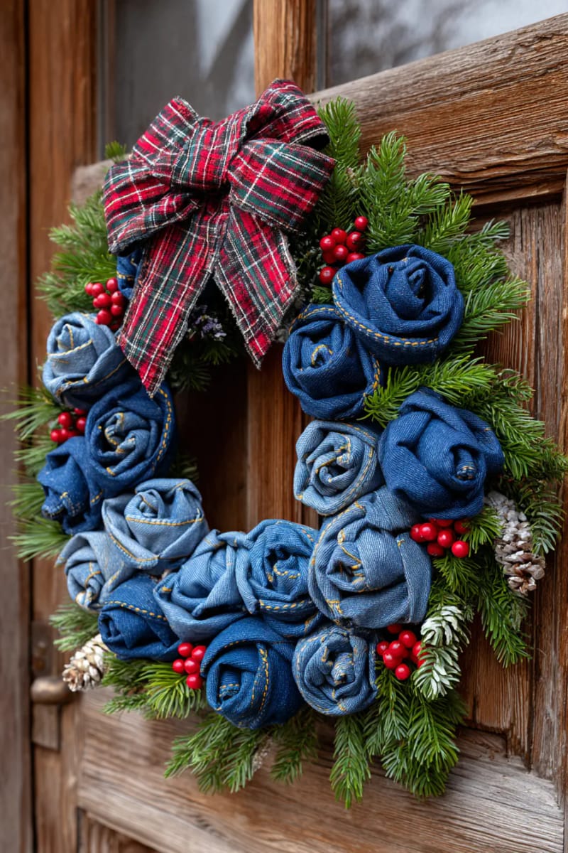 christmas wreath made from rolled denim roses and evergreen sprigs 1