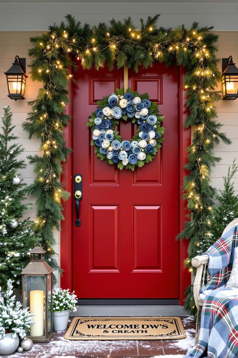 christmas wreath made from rolled denim roses and evergreen sprigs 1