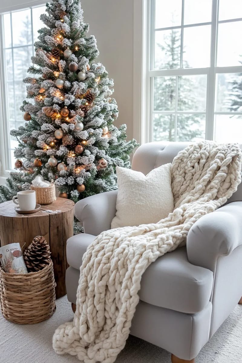 chunky knit throws draped by a woodsy christmas tree 1