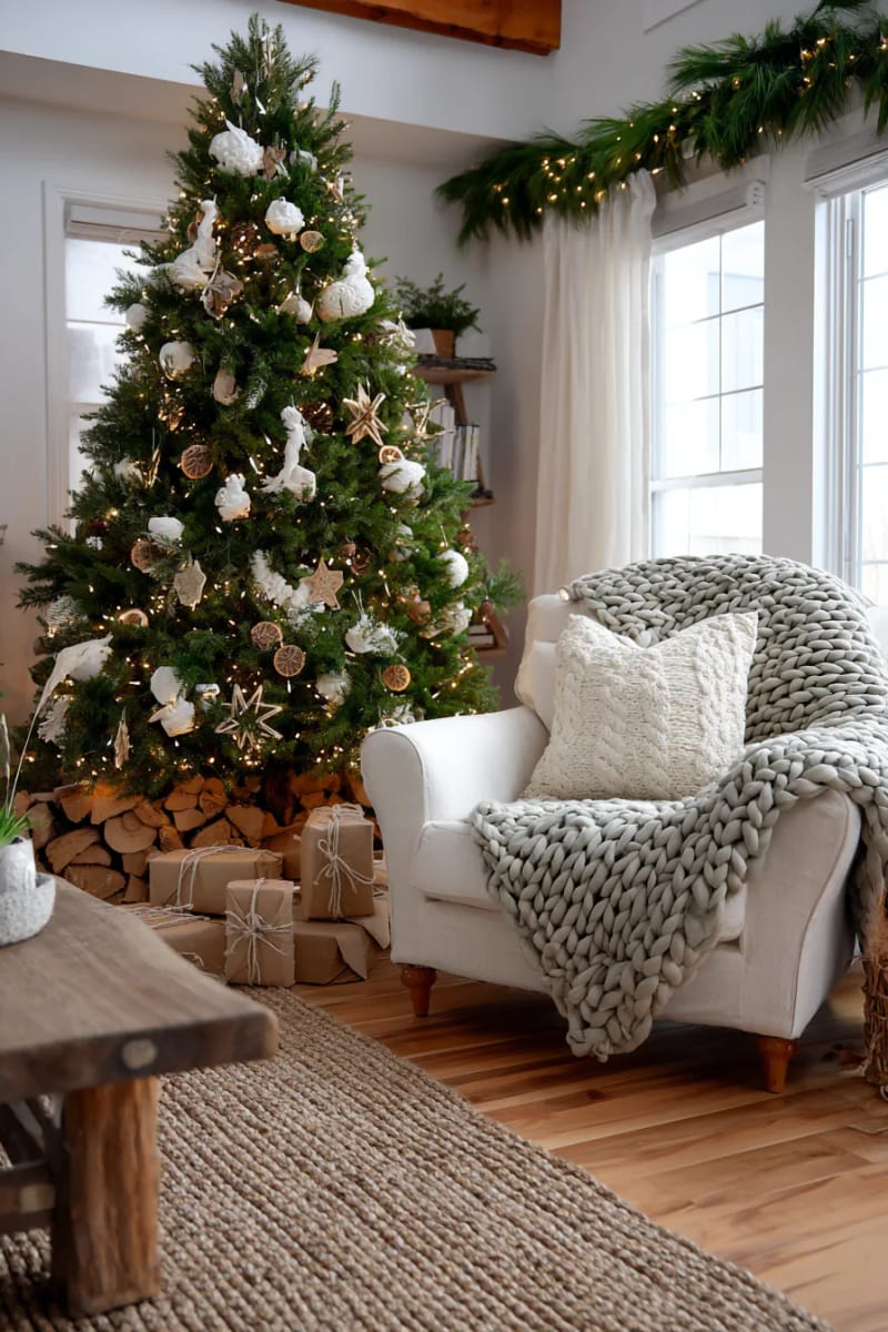chunky knit throws draped by a woodsy christmas tree 1