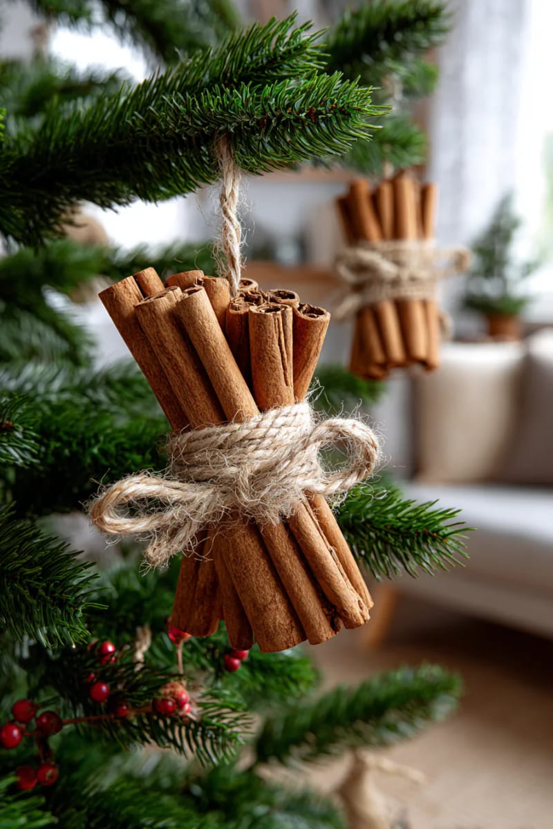 27 Rustic Christmas Decoration Ideas For Your Farmhouse 54 cinnamon stick bundles tied with jute for tree decor 1