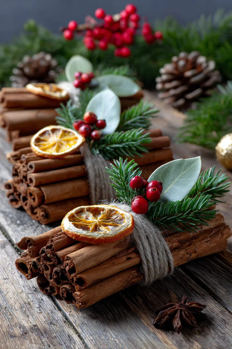 cinnamon stick bundles with dried orange slices and bay leaves 1