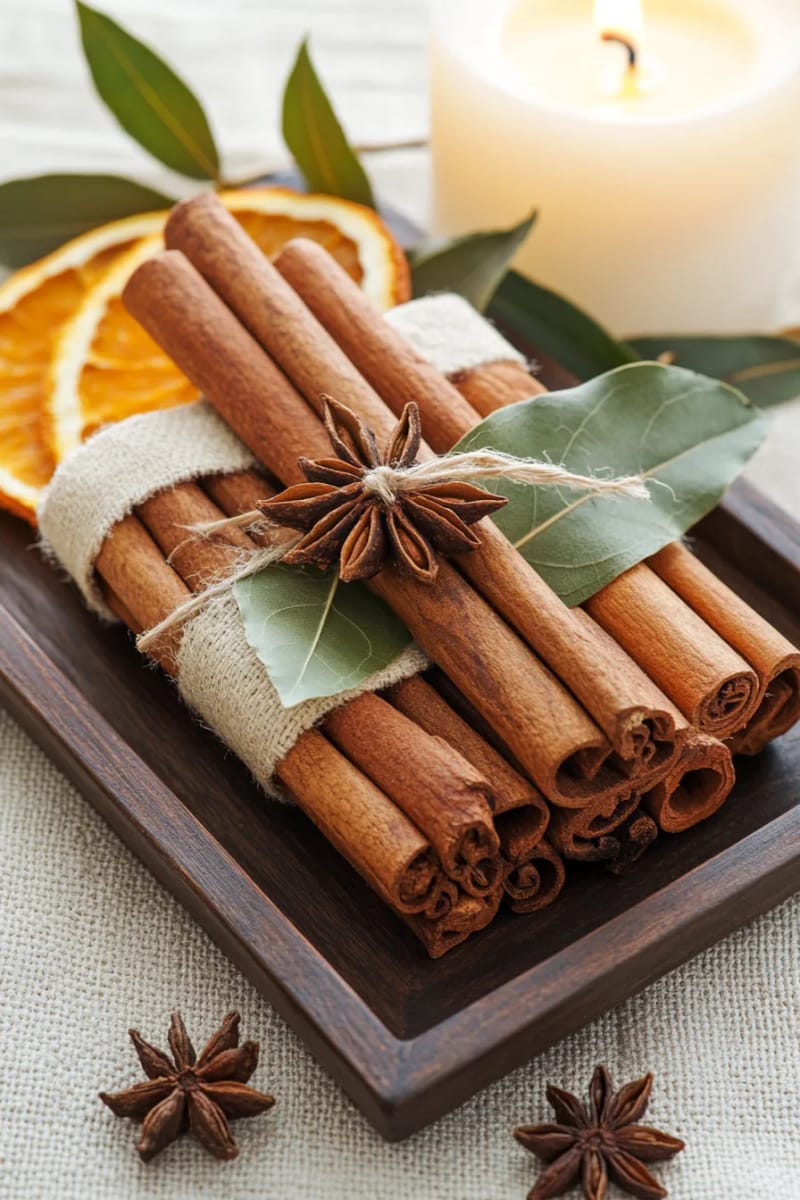 cinnamon stick bundles with dried orange slices and bay leaves 1