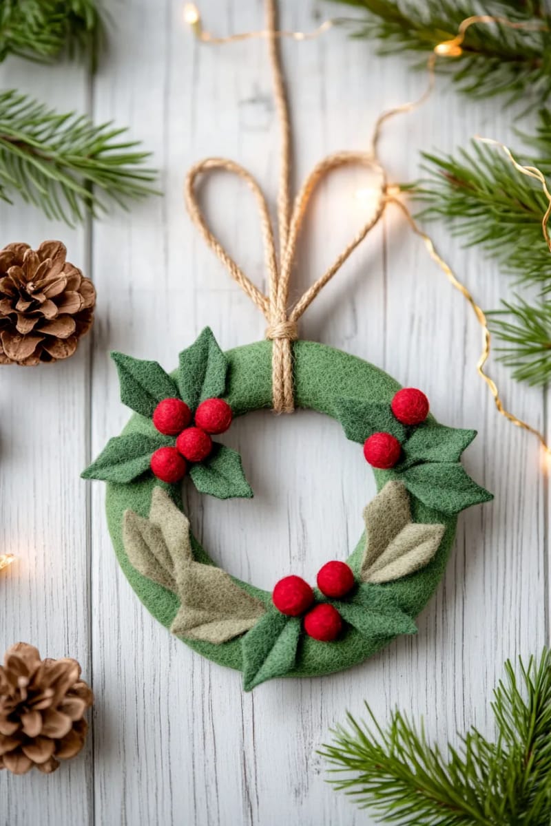 classic green felt wreath ornament with tiny red pom-pom berries 1