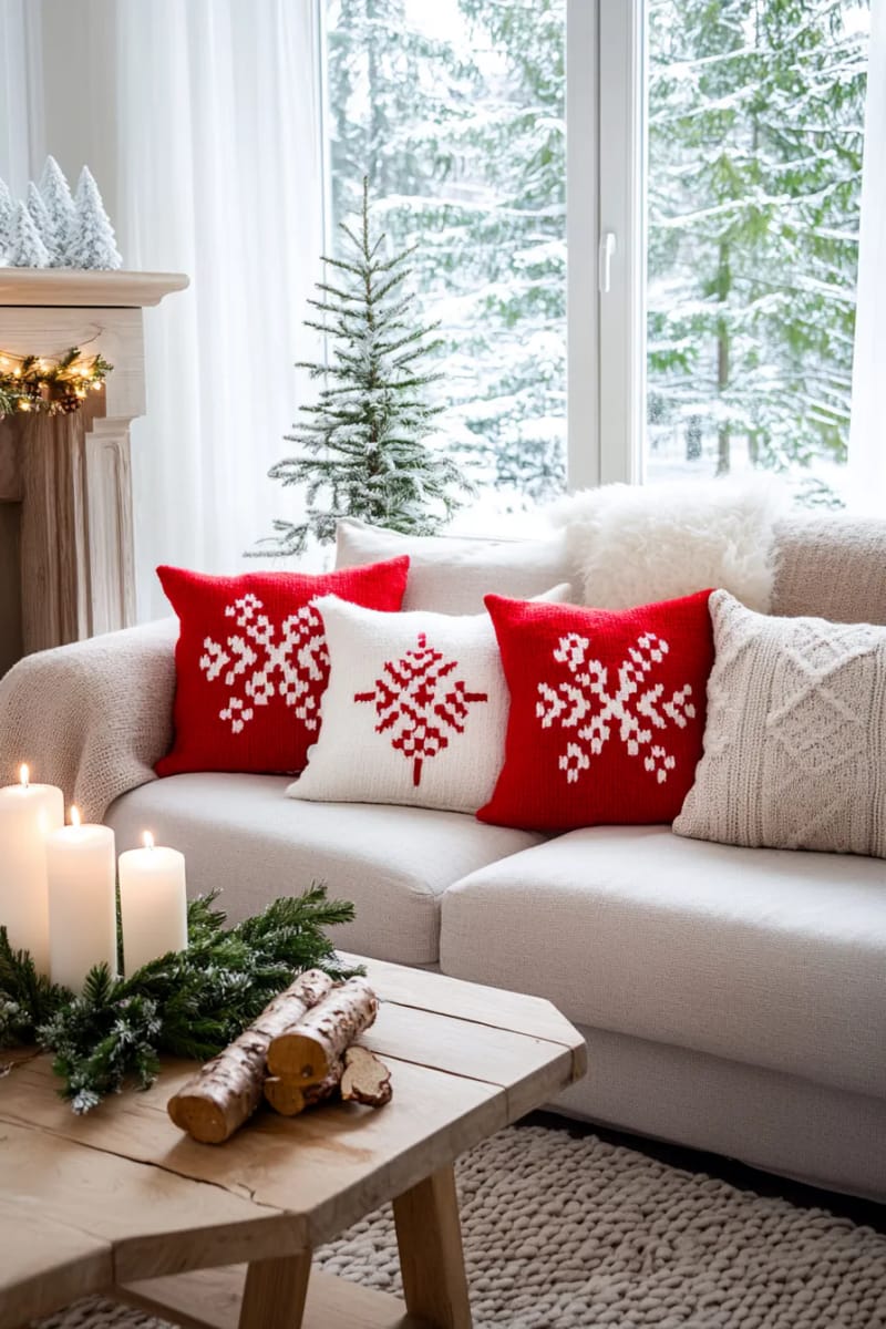 classic red and white cross-stitched pillow covers in the living room 1
