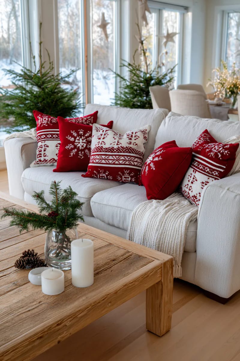 classic red and white cross-stitched pillow covers in the living room 1