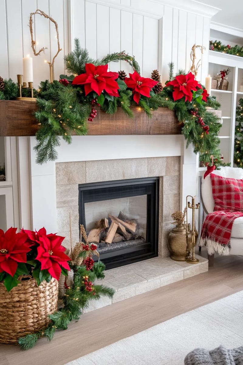 classic red poinsettia arrangements on hearth and above mantel 1