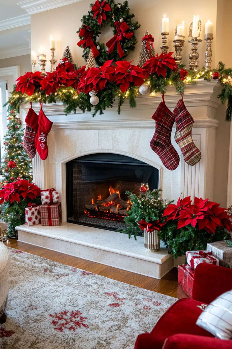 classic red poinsettia arrangements on hearth and above mantel 1