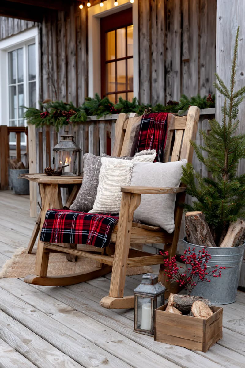 15 Cozy Rustic Christmas Porch Ideas for Country Charm 8 classic rocking chair draped with plaid flannel blanket and woolen throw pillows 1