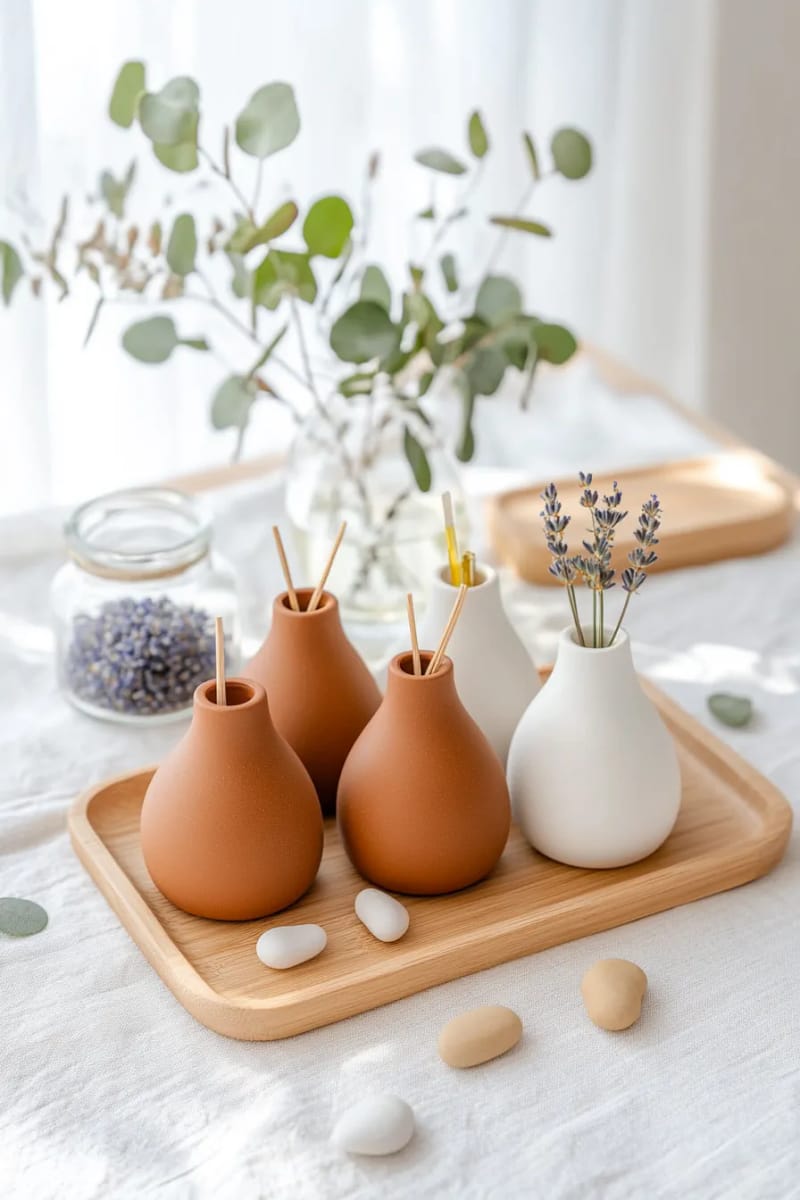 clay diffusers with essential oils and eucalyptus sprigs 1
