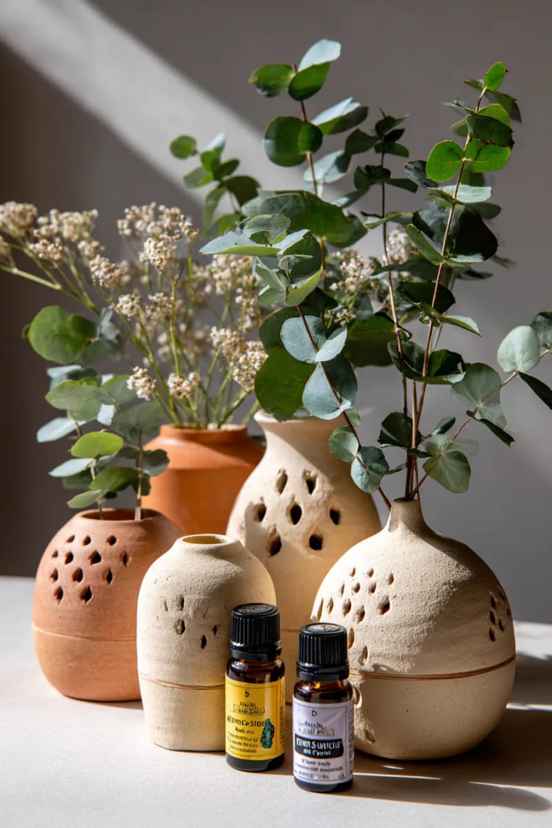 clay diffusers with essential oils and eucalyptus sprigs 1