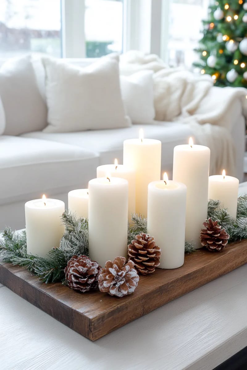 31 Elegant Minimalist Christmas Decor Ideas to Inspire 10 cluster of pillar candles on a rustic wooden tray with pine cones 1