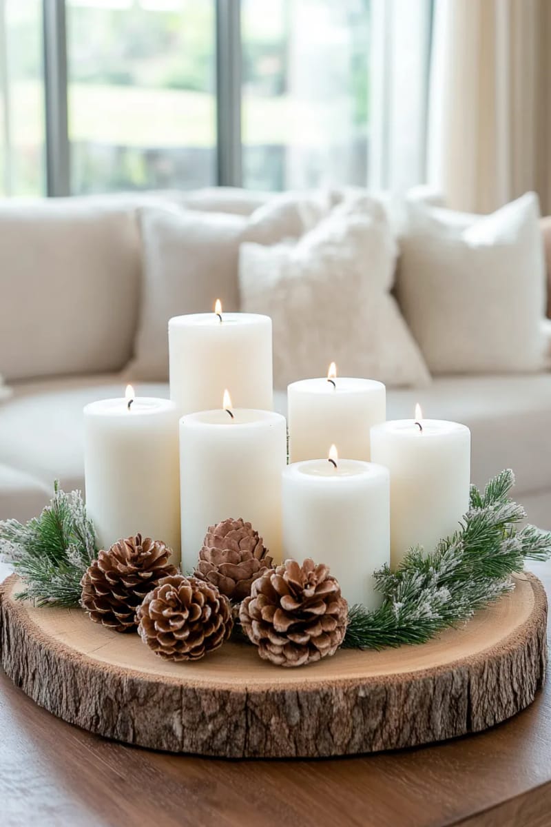 31 Elegant Minimalist Christmas Decor Ideas to Inspire 11 cluster of pillar candles on a rustic wooden tray with pine cones 1