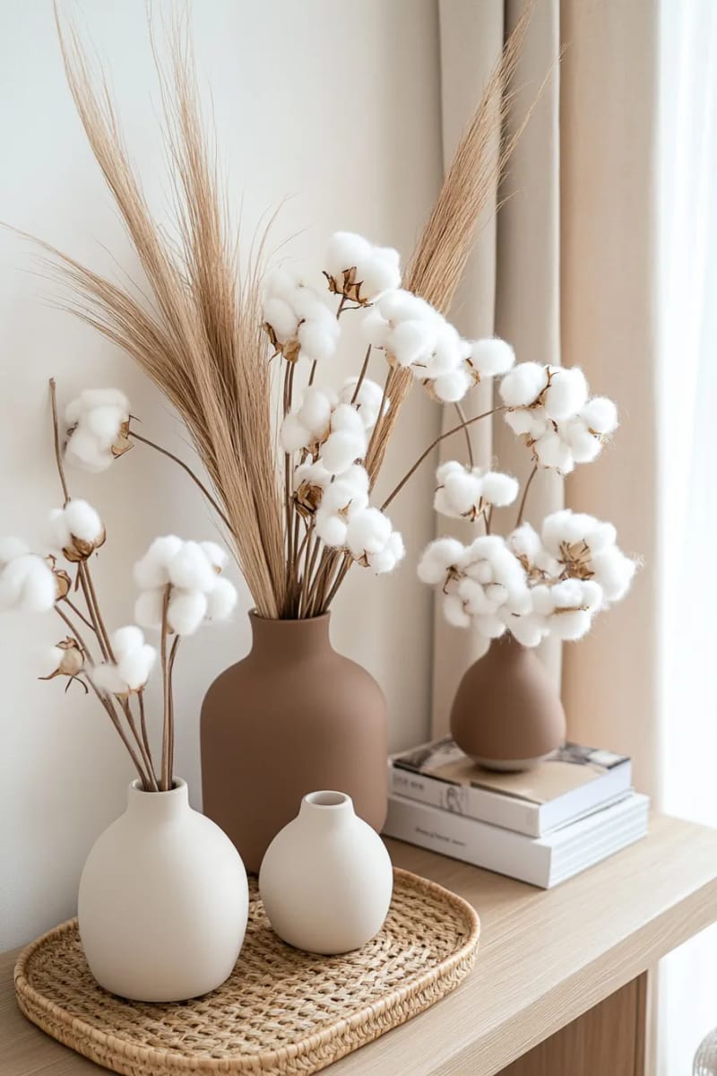 cotton flower stems and pampas grass in earthy ceramic vases 1