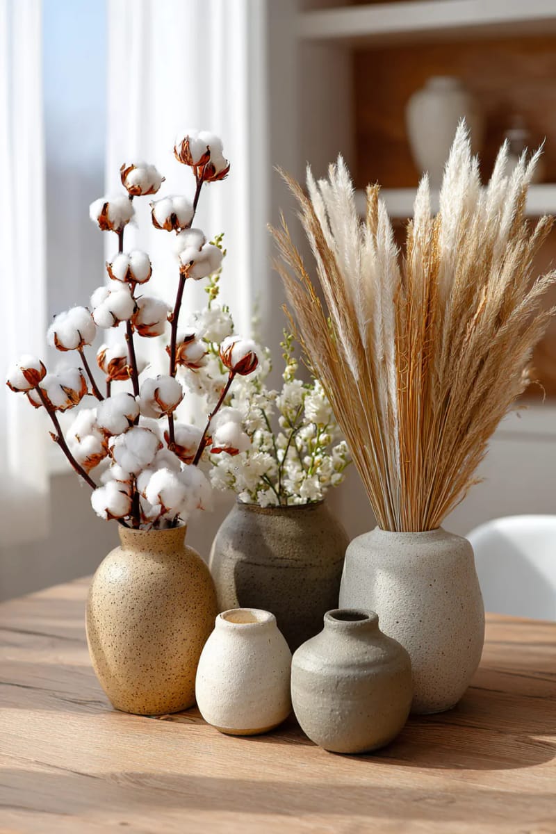 cotton flower stems and pampas grass in earthy ceramic vases 1