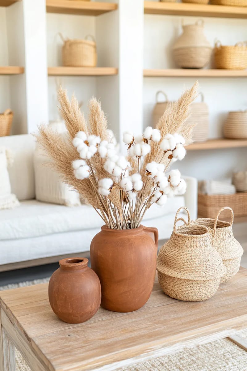 cotton flower stems and pampas grass in earthy ceramic vases 1