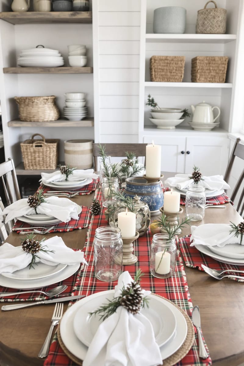 country farmhouse dining table with pine cone napkin rings and plaid runners 1