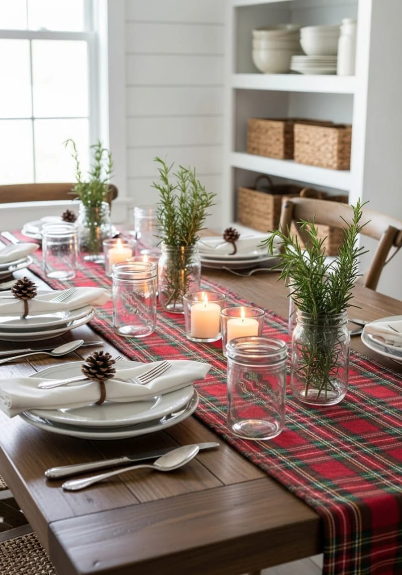 country farmhouse dining table with pine cone napkin rings and plaid runners 1