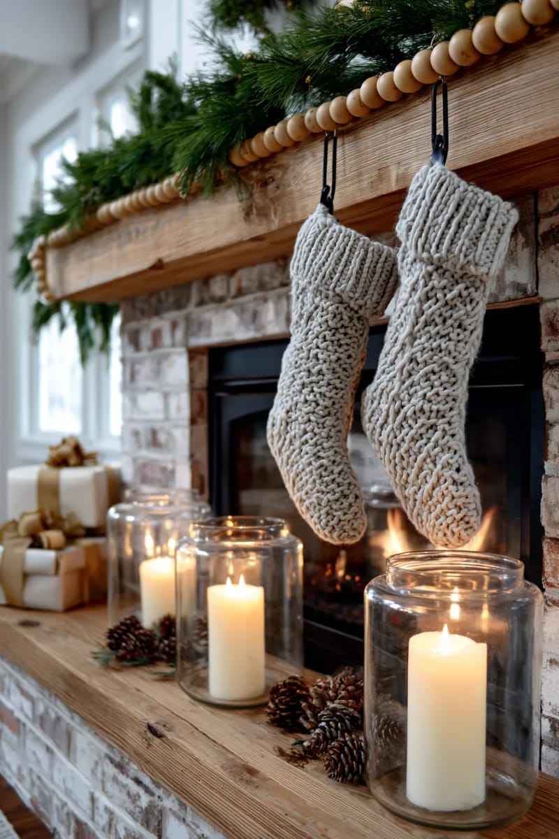 cozy knit stockings and wood bead garland above flickering pillar candles 1