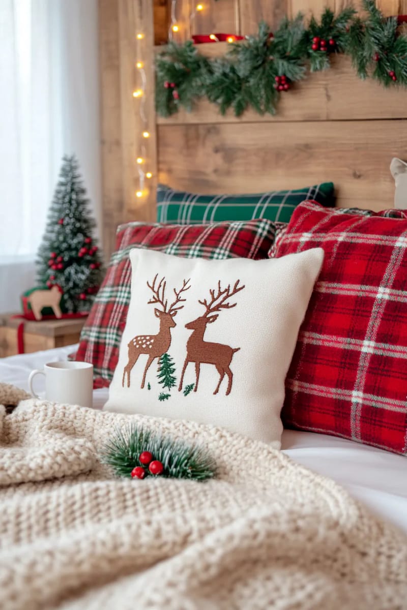 cozy plaid bedding with chunky knit throw and woodland christmas pillows 1