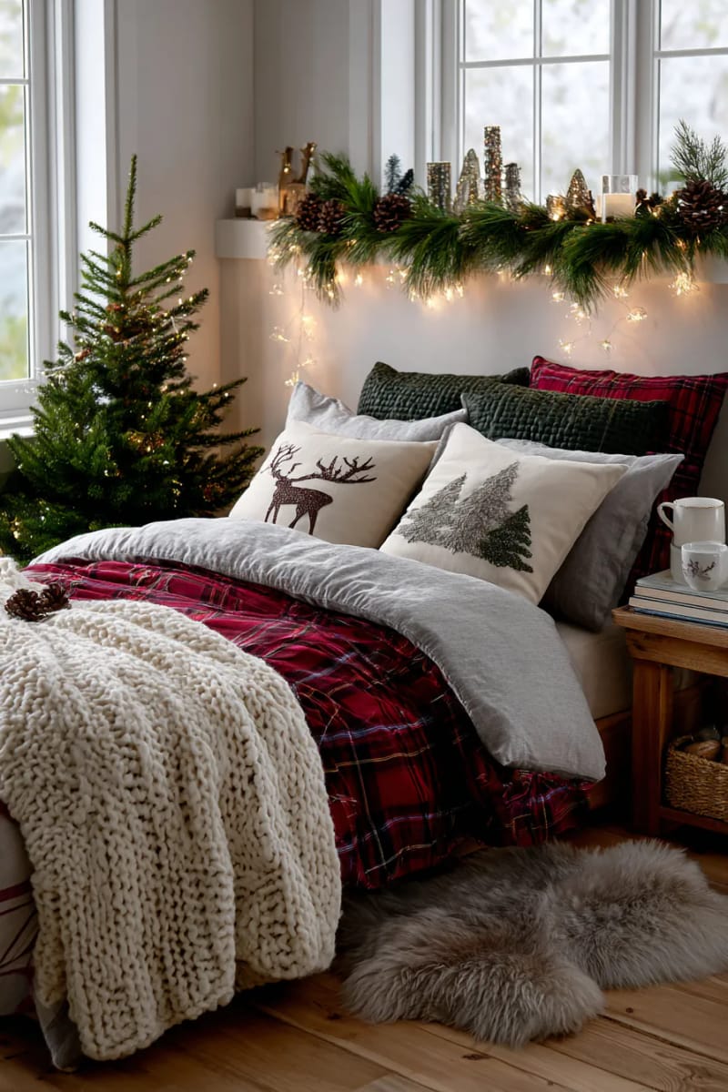 cozy plaid bedding with chunky knit throw and woodland christmas pillows 1