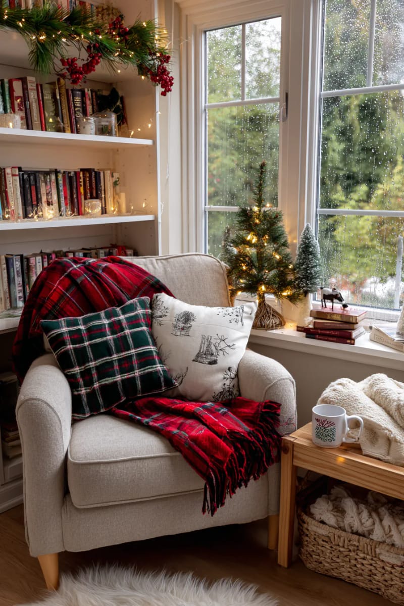cozy reading nook with plaid blankets and a tiny tabletop christmas tree 1
