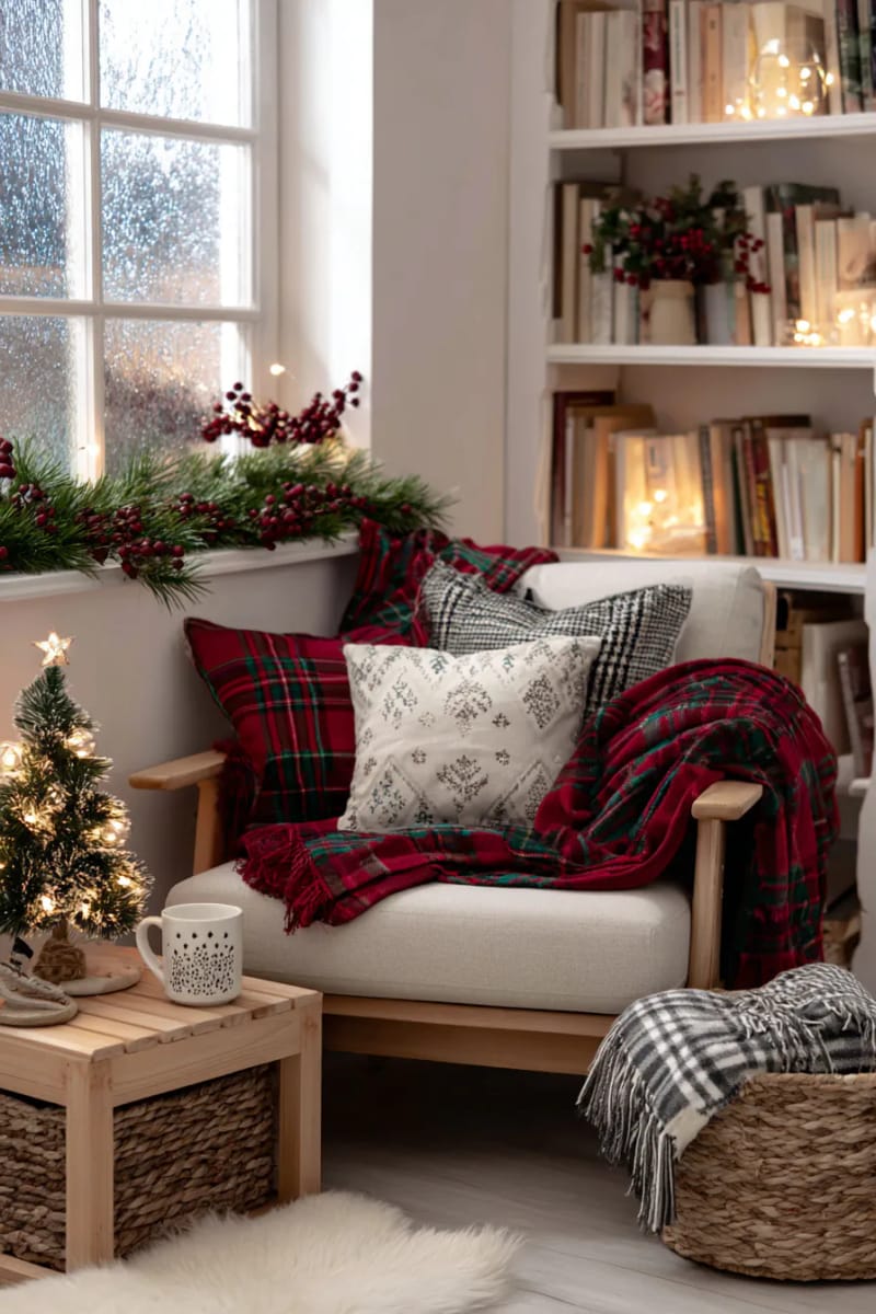 cozy reading nook with plaid blankets and a tiny tabletop christmas tree 1
