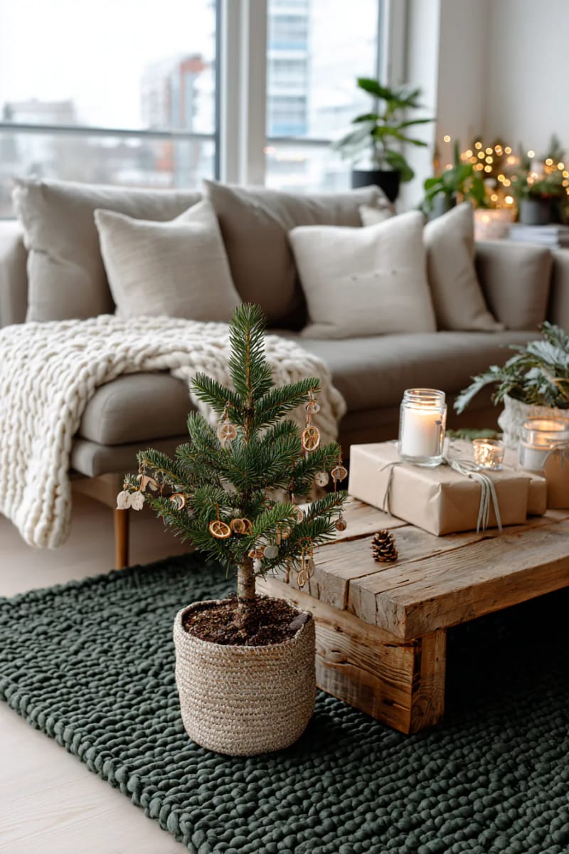 cozy wool rug in forest green under a small potted fir tree 1