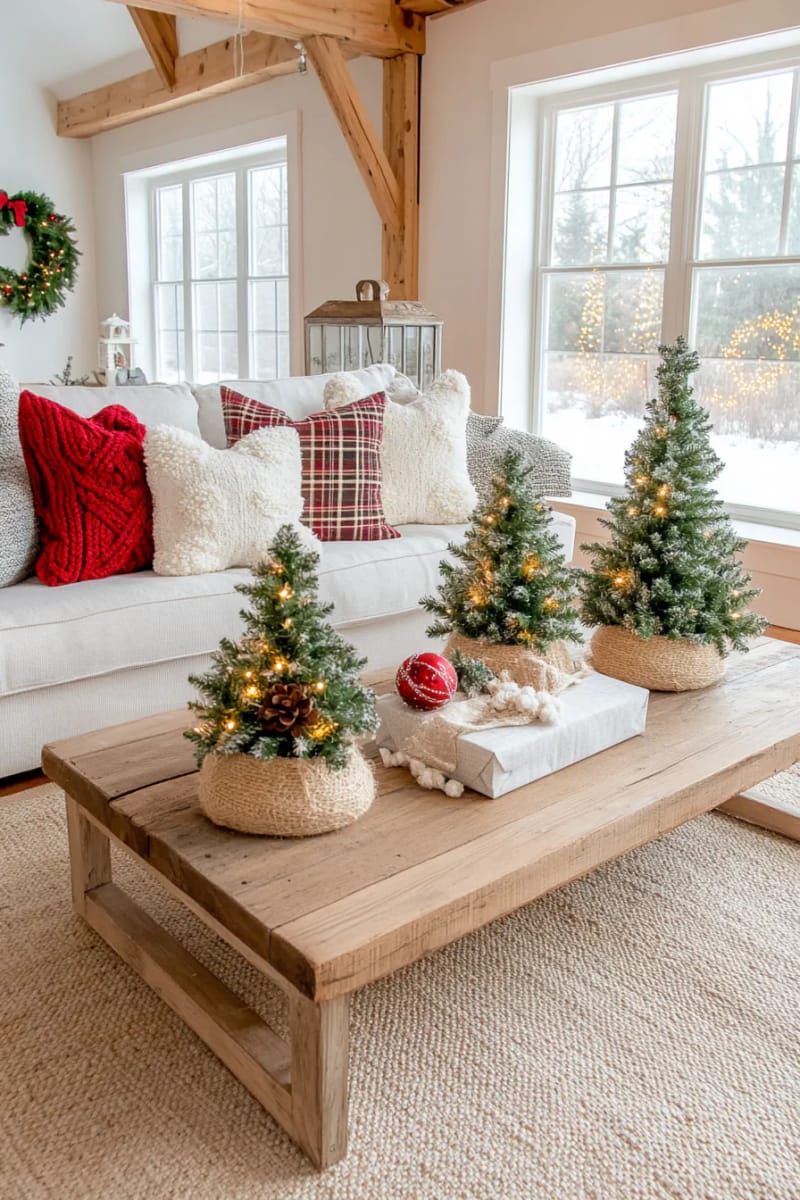 Alicia P. 3 crate display with mini trees, wrapped gifts, and fairy lights 42