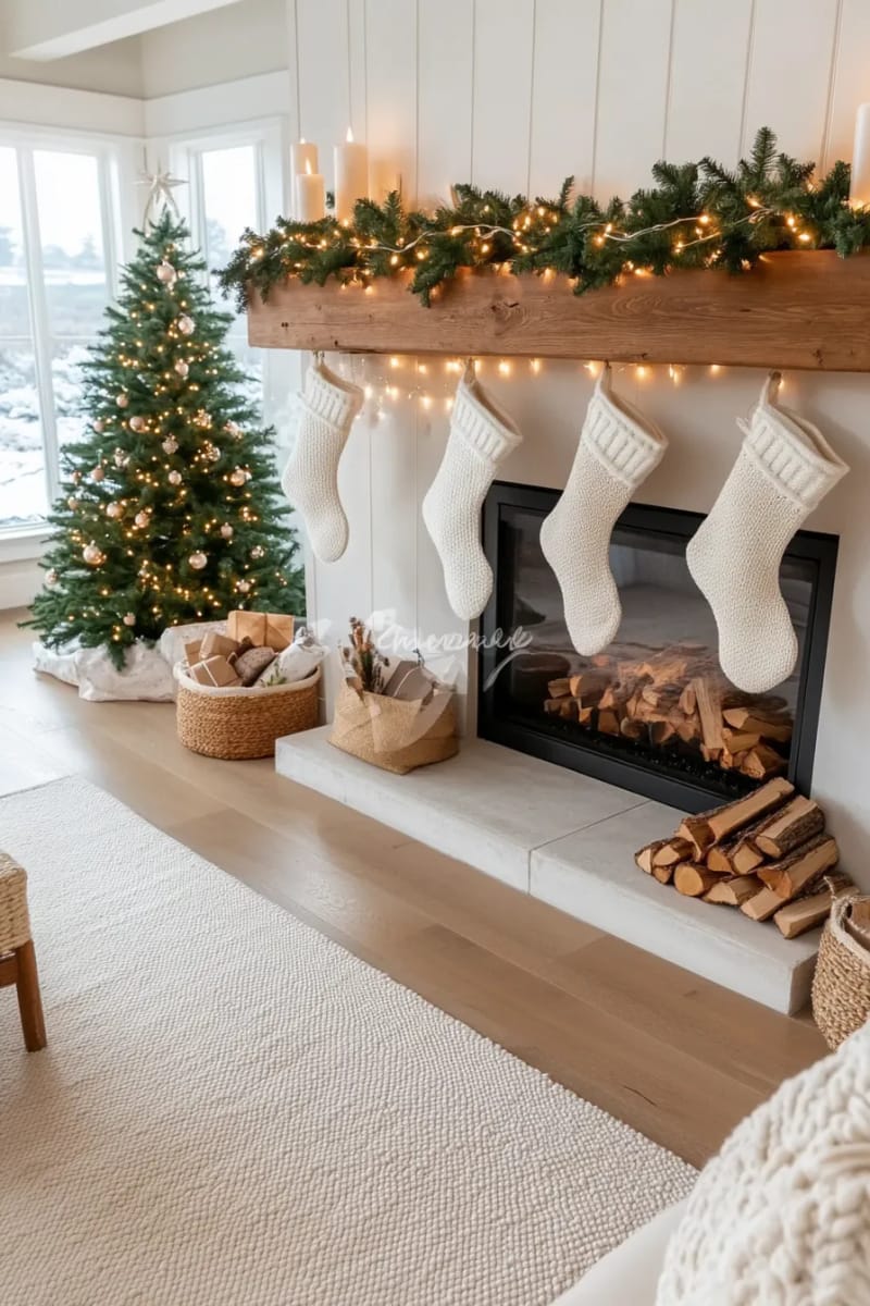 25 Tasteful Christmas Decor Ideas for a Cozy Holiday Home 51 cream and beige knit stockings hung from a wooden mantel 1