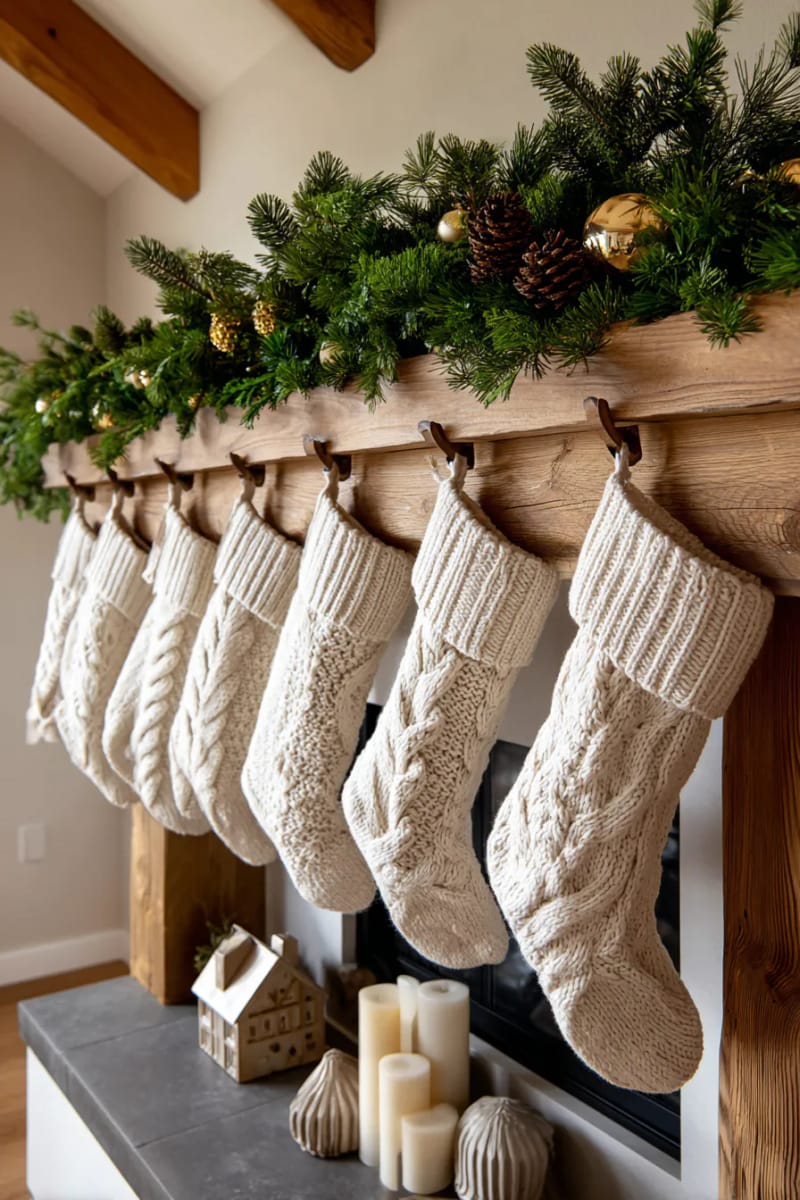 25 Tasteful Christmas Decor Ideas for a Cozy Holiday Home 52 cream and beige knit stockings hung from a wooden mantel 1
