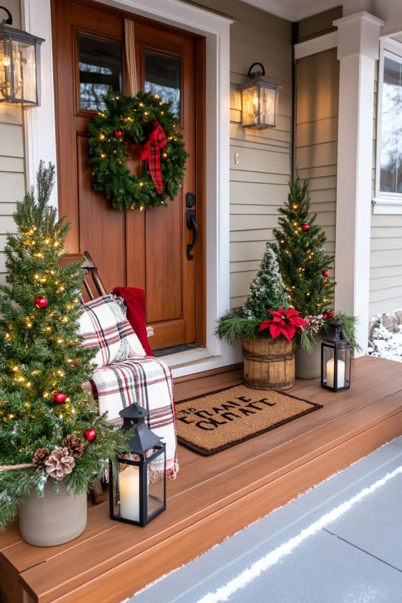 15 Christmas Decor Ideas for a Front Porch DIY That’s Simple but Stunning 7 create a mini forest with potted evergreens and twinkle lights beside your front door. 1