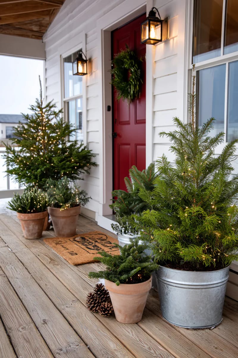 15 Christmas Decor Ideas for a Front Porch DIY That’s Simple but Stunning 8 create a mini forest with potted evergreens and twinkle lights beside your front door. 1