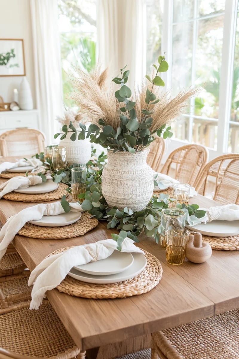 create a table centerpiece with dried pampas and eucalyptus sprigs 1