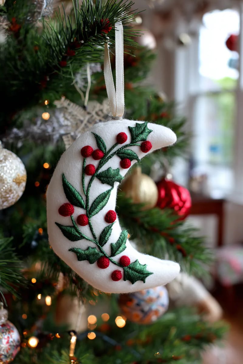 crescent moon felt ornament with embroidered holly vines 1