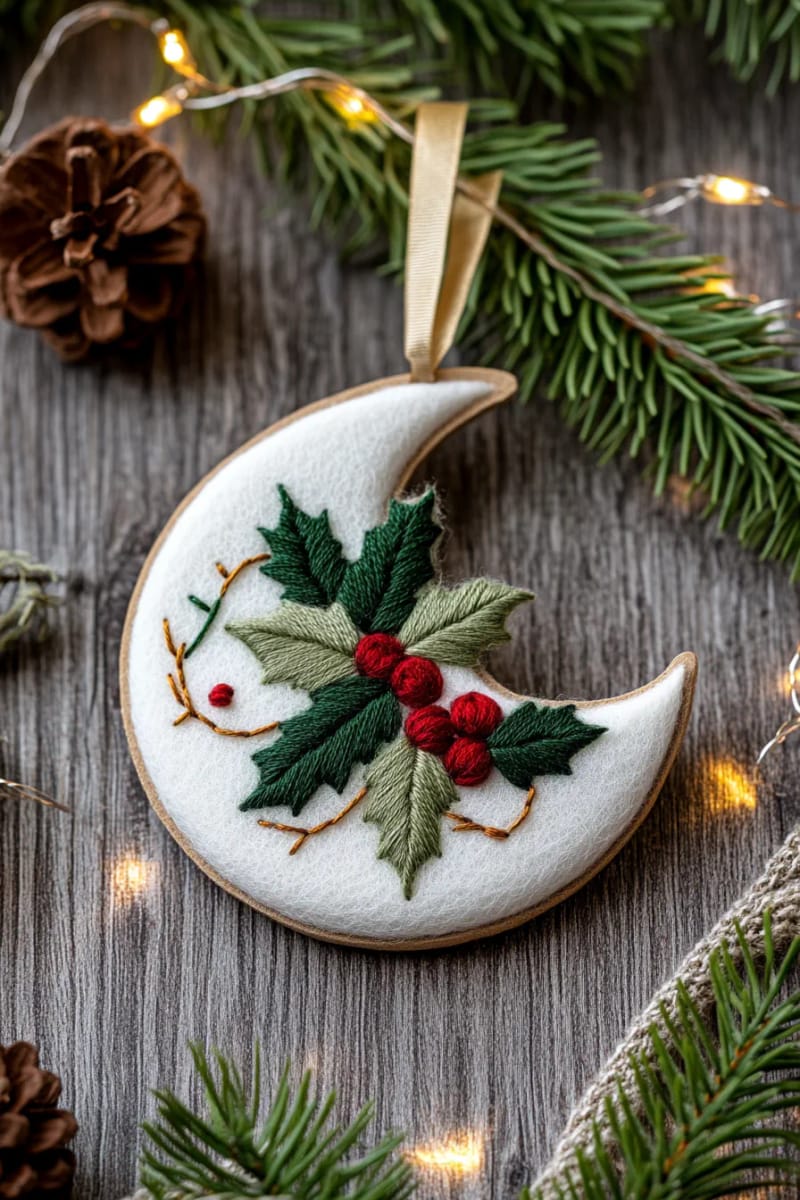 crescent moon felt ornament with embroidered holly vines 1