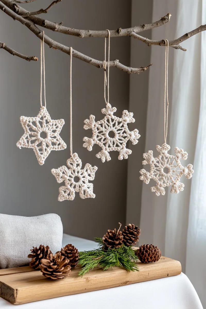 crochet snowflake ornaments in crisp white hung on bare branches 1