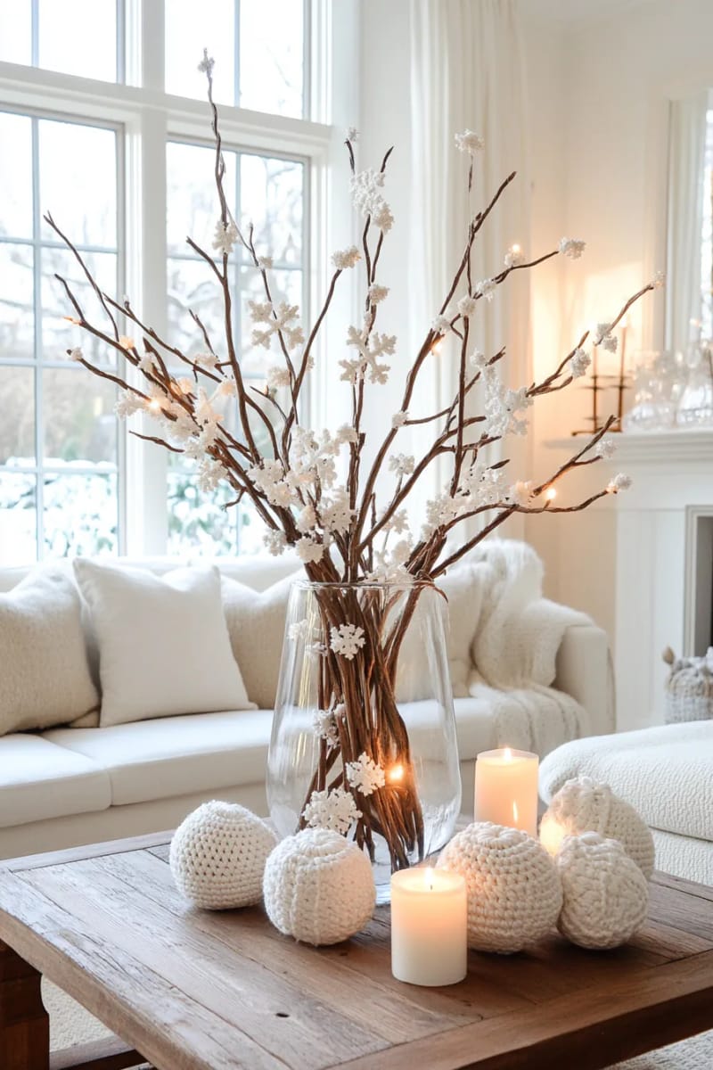 crochet snowflake ornaments in crisp white hung on bare branches 1