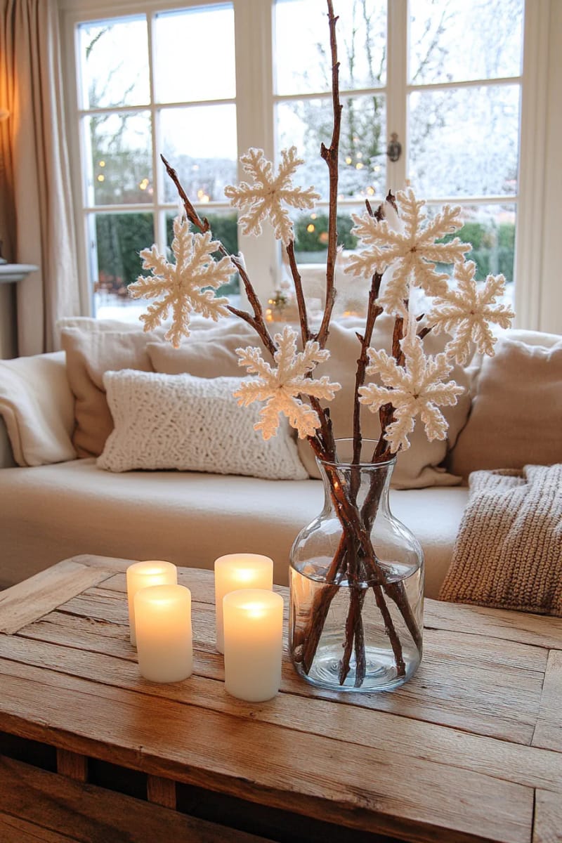 crochet snowflake ornaments in crisp white hung on bare branches 1