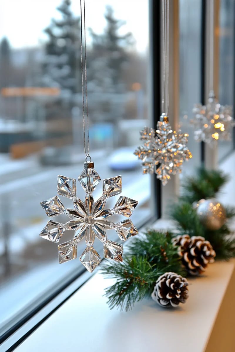 23 Elegant Christmas Decor Ideas You’ve Never Seen Before 58 crystal snowflake ornaments suspended in front of frosted windows 1