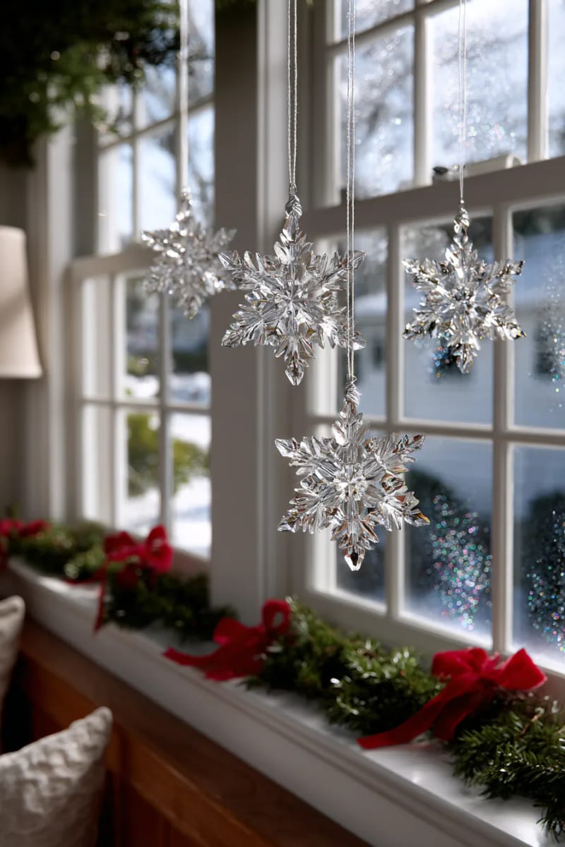 23 Elegant Christmas Decor Ideas You’ve Never Seen Before 61 crystal snowflake ornaments suspended in front of frosted windows 1