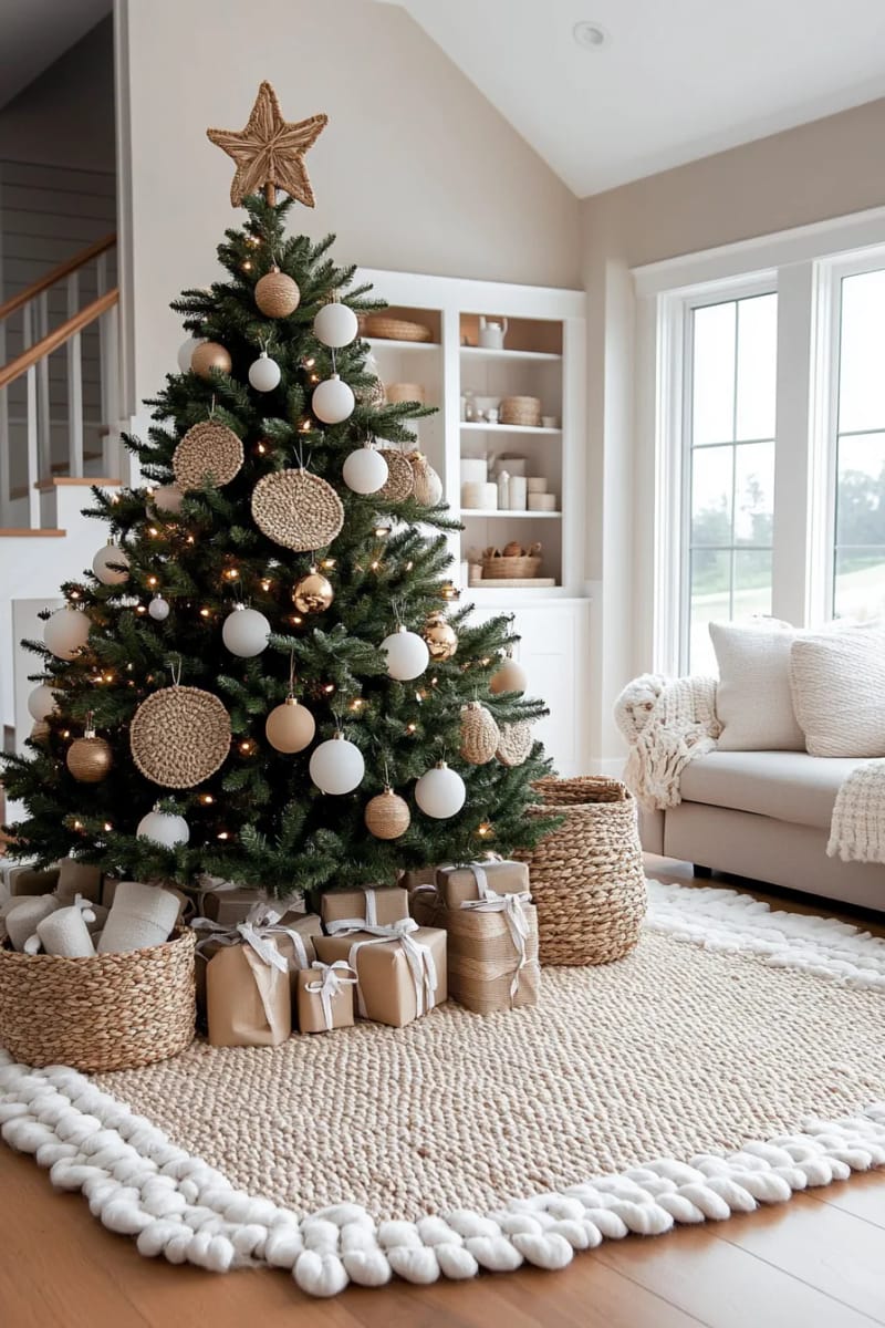 decorate a flocked tree with woven rattan and jute ornaments 1